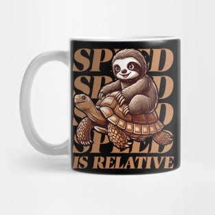 Funny Retro Lazy Sloth Riding Tortoise Speed is Relative Mug